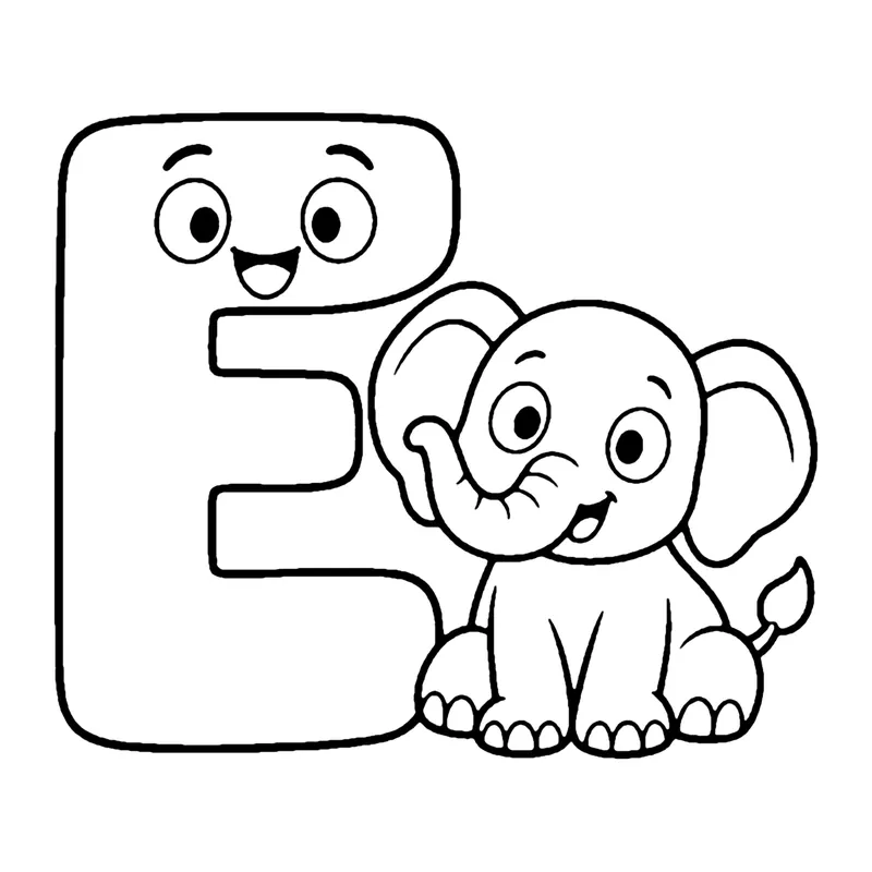 Line drawing of a smiling bubble capital letter E with a baby elephant standing beside it
