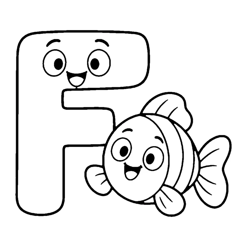 Line drawing of a smiling bubble capital letter F with a striped fish swimming beside it