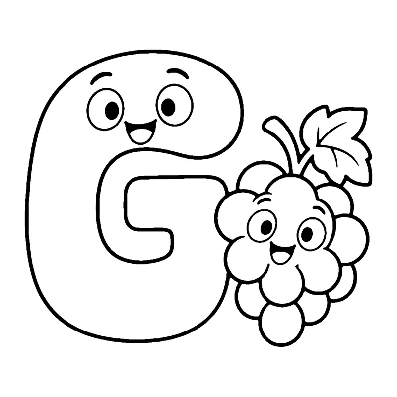 Line drawing of a smiling bubble capital letter G next to a smiling bunch of grapes with a leaf