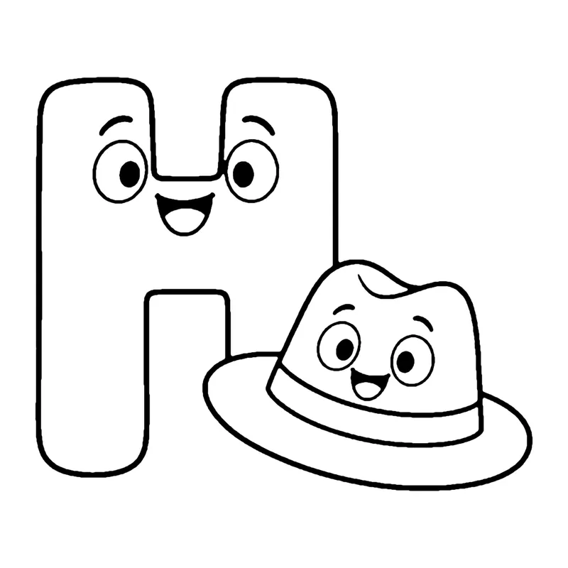 Line drawing of a smiling capital letter H with a smiling brimmed hat in front of it