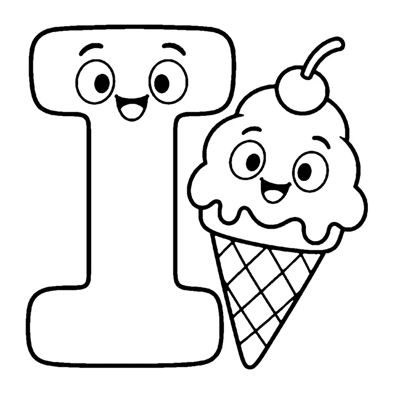 Line drawing of a smiling capital letter I next to a smiling ice cream cone with a cherry on top