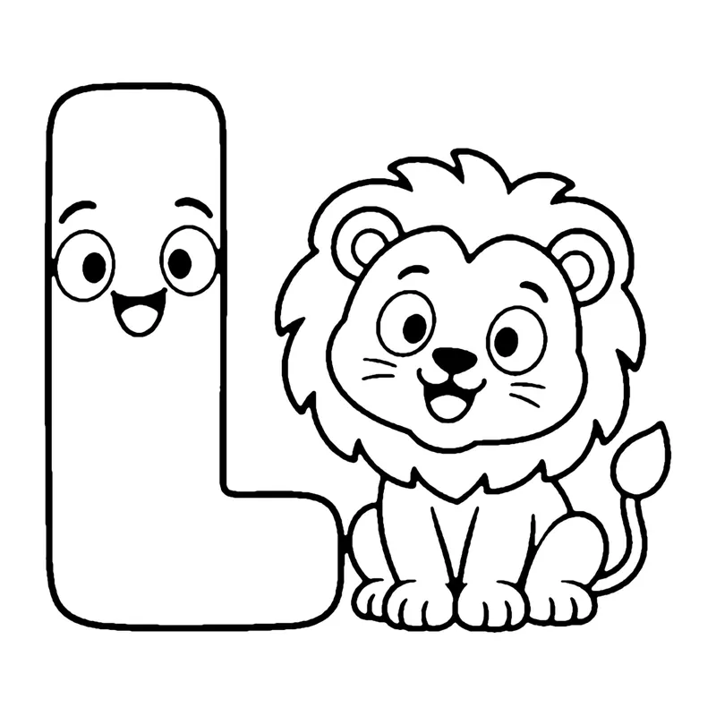 Line drawing of a smiling capital letter L with a lion cub with a fluffy mane sitting beside it