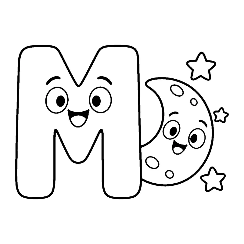 Line drawing of a smiling capital letter M beside a smiling crescent moon with little stars