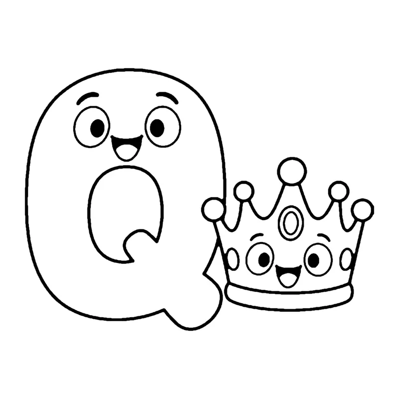 Line drawing of a smiling capital letter Q with a jeweled queen's crown beside it
