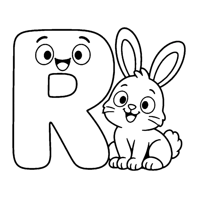 Line drawing of a smiling capital letter R with a long-eared bunny sitting beside it