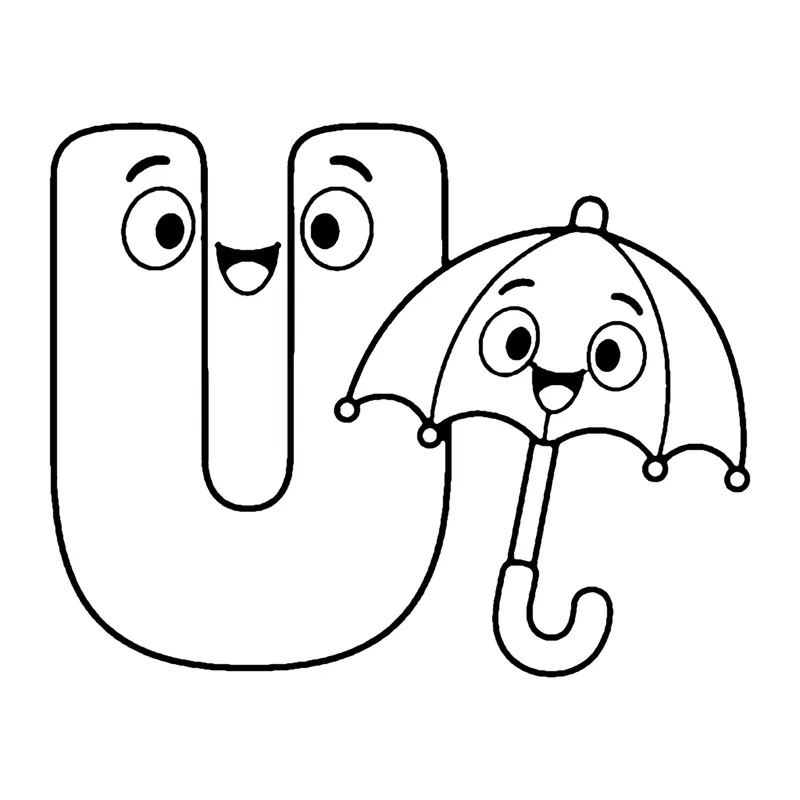 Line drawing of a smiling capital letter U beside a smiling open umbrella with a curved handle