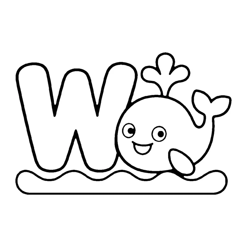 Line drawing of a capital letter W beside a smiling whale spouting water above wavy sea