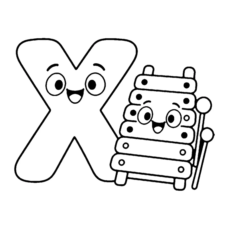 Line drawing of a smiling capital letter X beside a xylophone with bars and a mallet