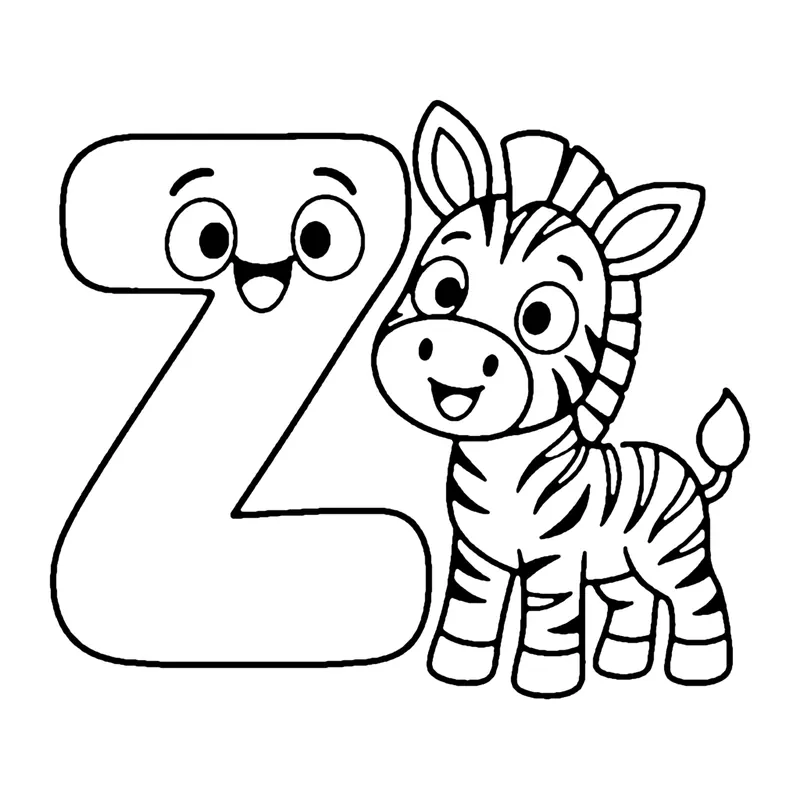 Line drawing of a smiling capital letter Z beside a baby zebra covered in stripes