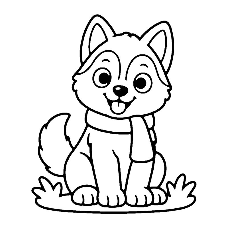 Line drawing of a husky puppy wearing a scarf sitting on a patch of grass