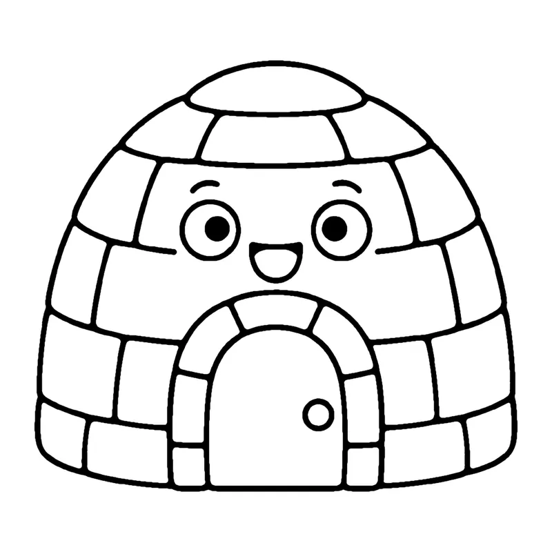Line drawing of a smiling dome-shaped igloo built from snow blocks with an arched wooden door