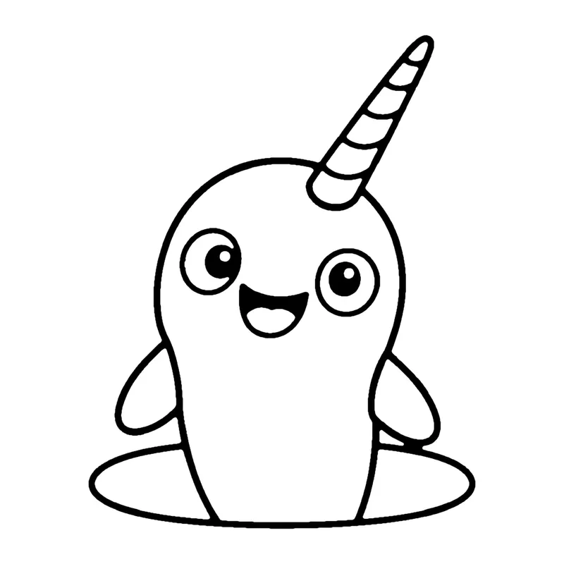 Line drawing of a smiling narwhal with a long spiral tusk popping out of a hole in the ice