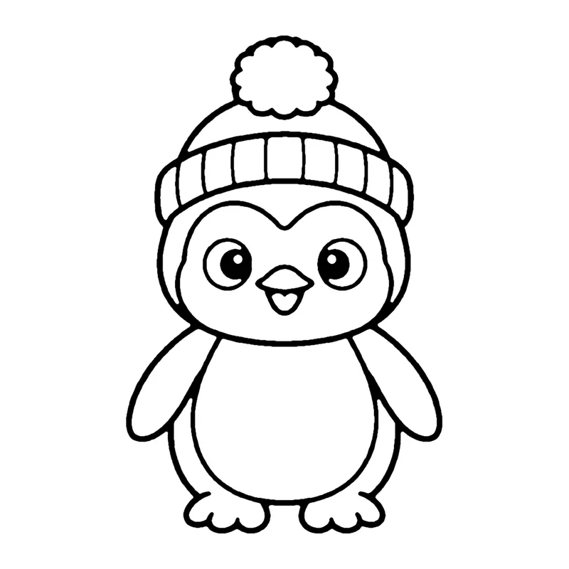 Line drawing of a penguin chick wearing a knitted hat with a pom-pom