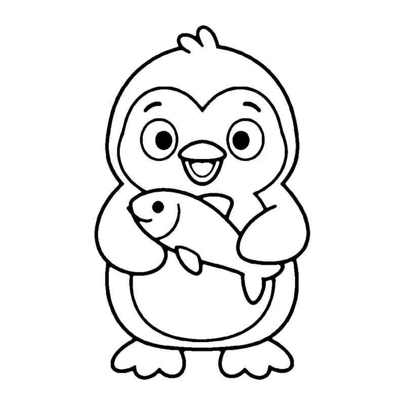 Line drawing of a happy penguin holding a big fish in its flippers
