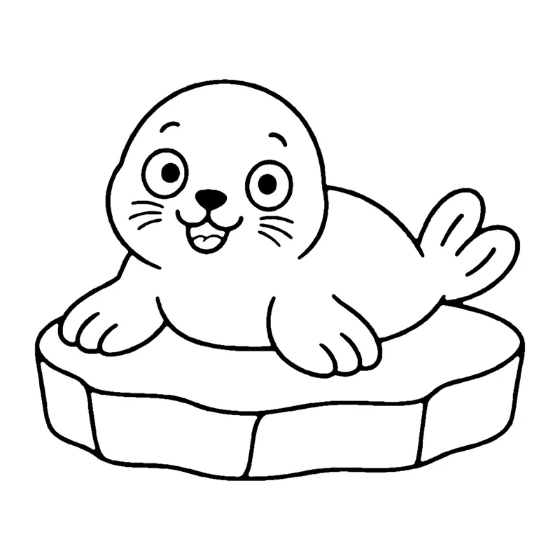 Line drawing of a smiling seal pup with whiskers lying on a slab of ice