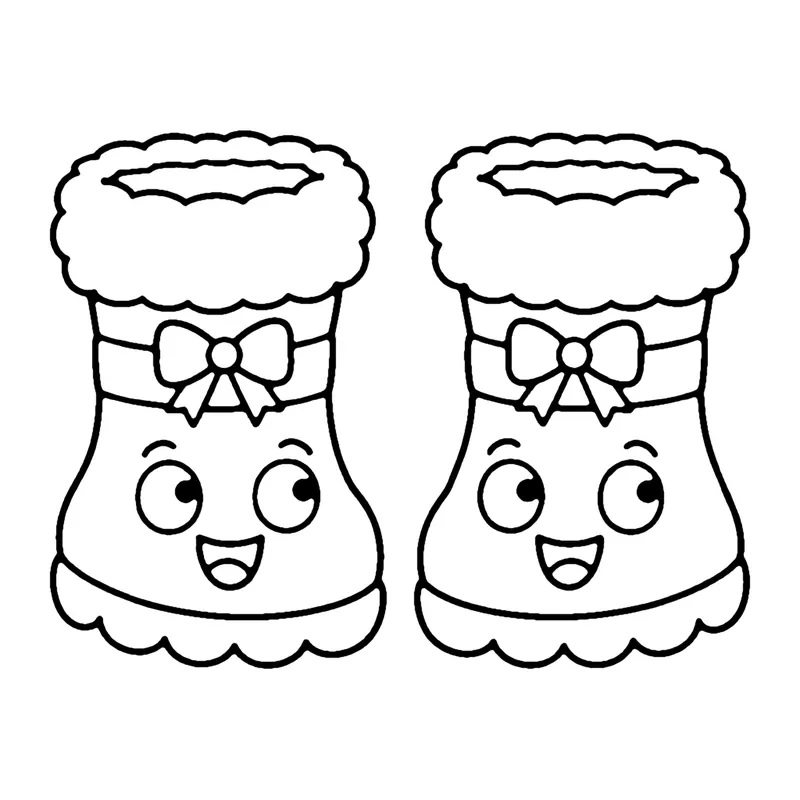 Line drawing of a pair of smiling snow boots with fluffy cuffs and bows