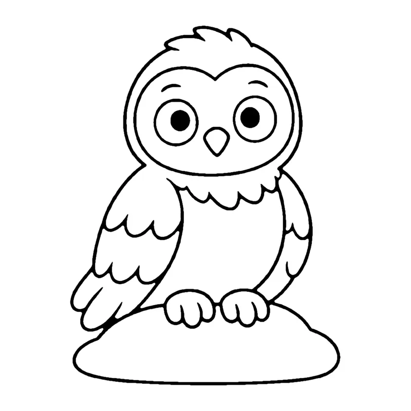 Line drawing of a snowy owl with round eyes and patterned wings perched on a snowy mound