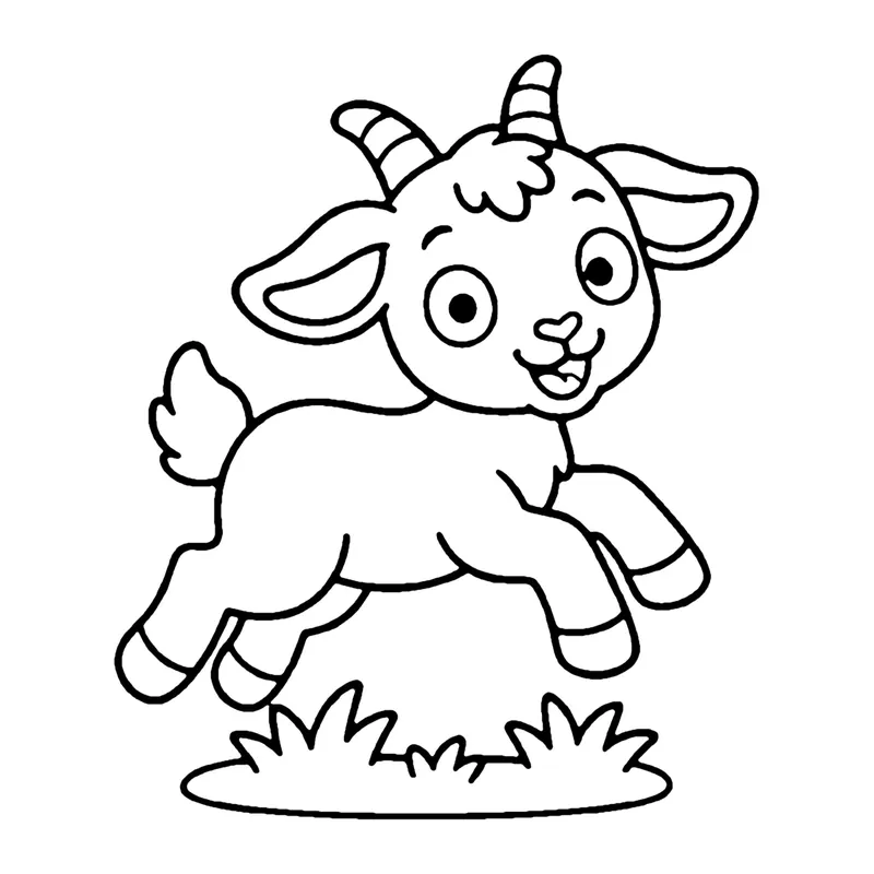 Line drawing of a baby goat with small horns leaping happily over a tuft of grass