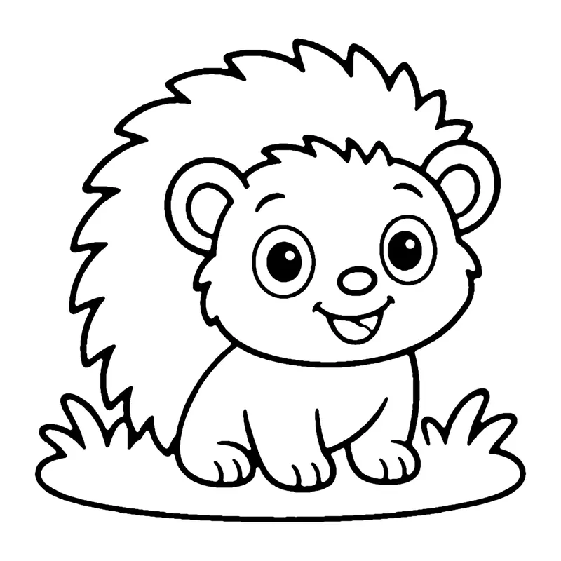 Line drawing of a smiling baby hedgehog with a ring of spines sitting on grass