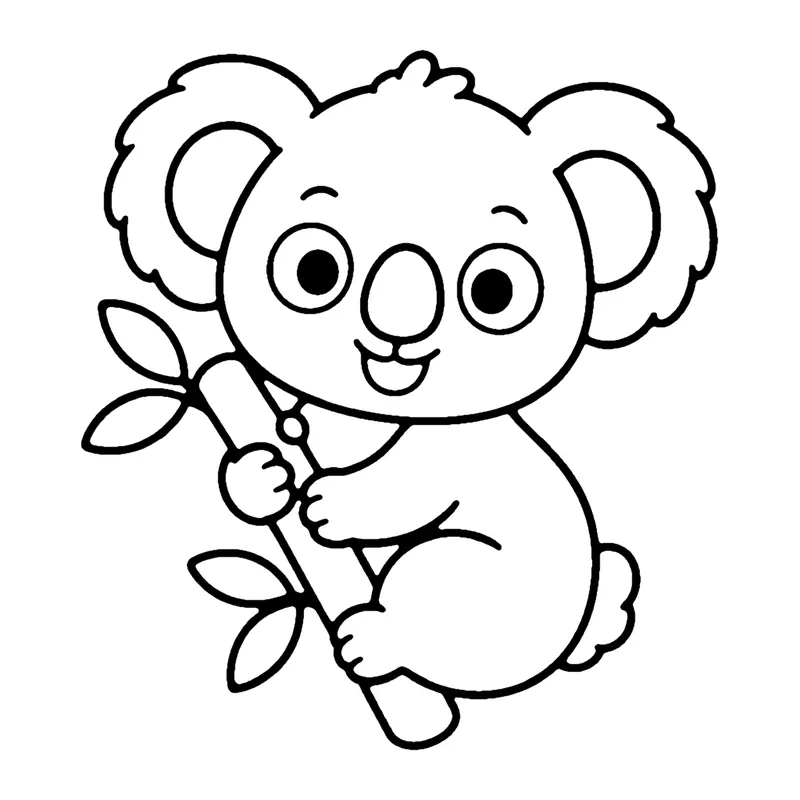 Line drawing of a fluffy-eared baby koala hugging a eucalyptus branch