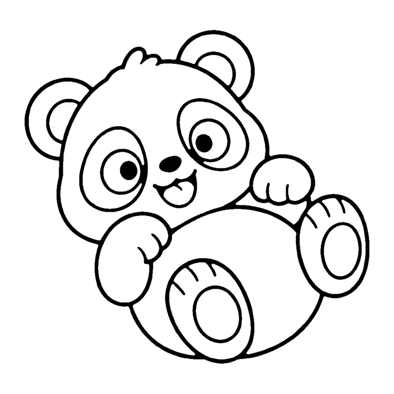 Line drawing of a round baby panda sitting and waving one paw