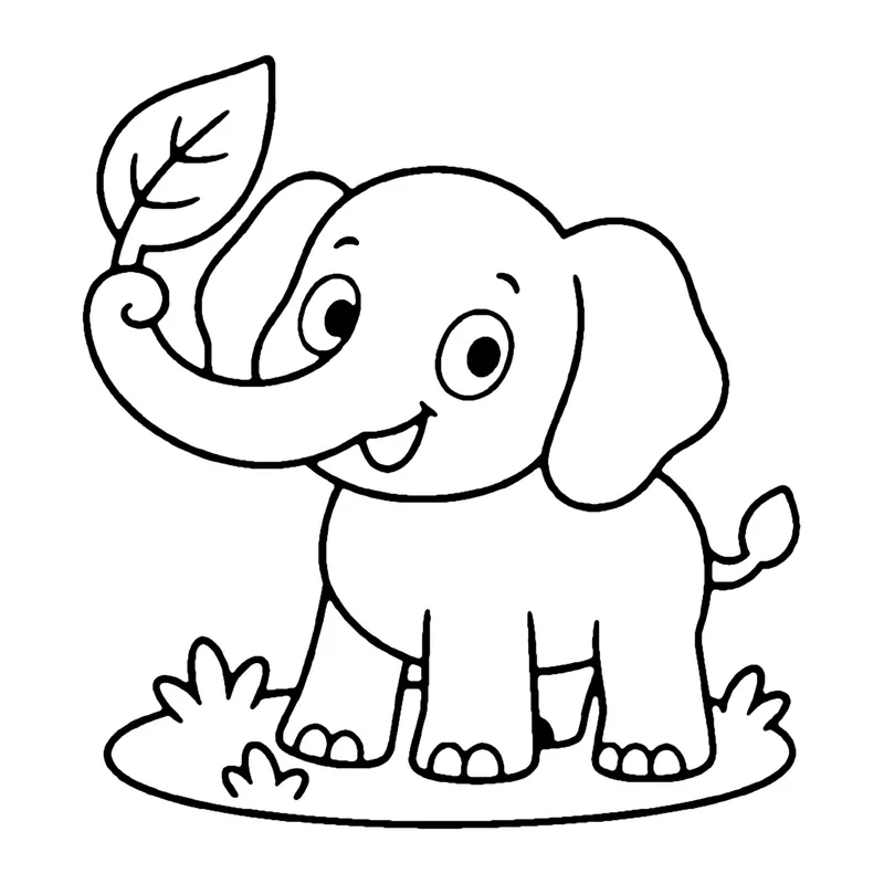 Line drawing of a baby elephant holding a leaf in its trunk standing in the grass