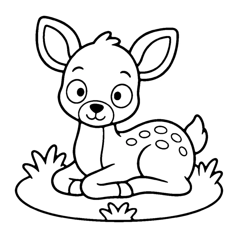 Line drawing of a spotted baby deer with big ears resting on a patch of grass