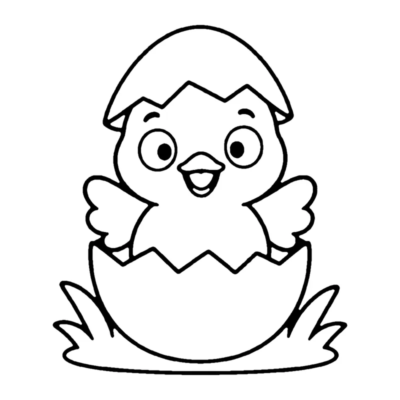Line drawing of a baby chick hatching out of a cracked eggshell with a piece of shell on its head
