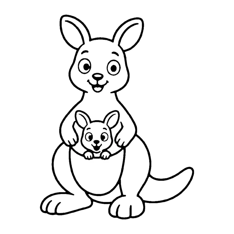 Line drawing of a mother kangaroo standing with a baby joey peeking out of her pouch