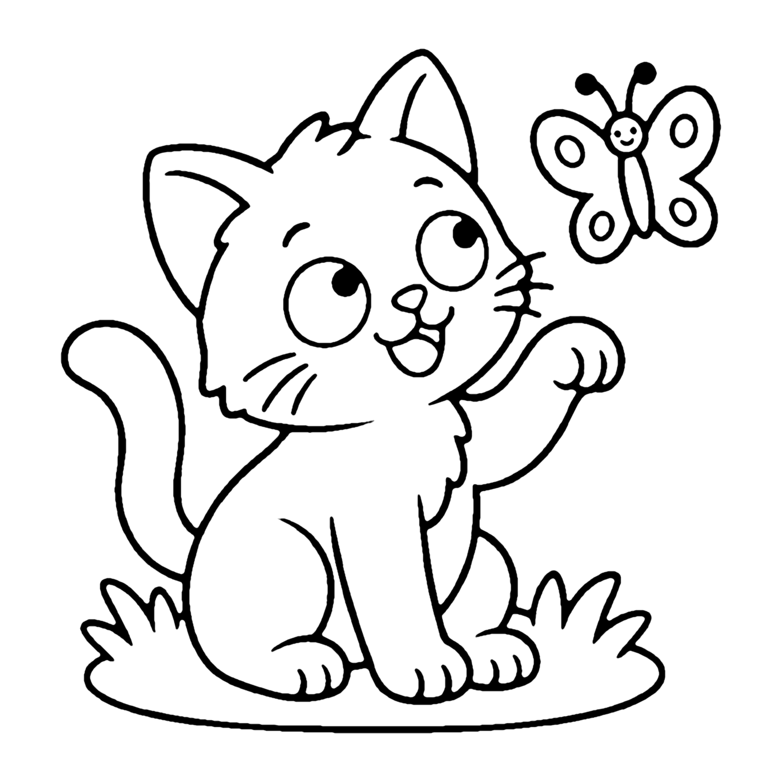 Line drawing of a kitten sitting in the grass reaching a paw up toward a little butterfly