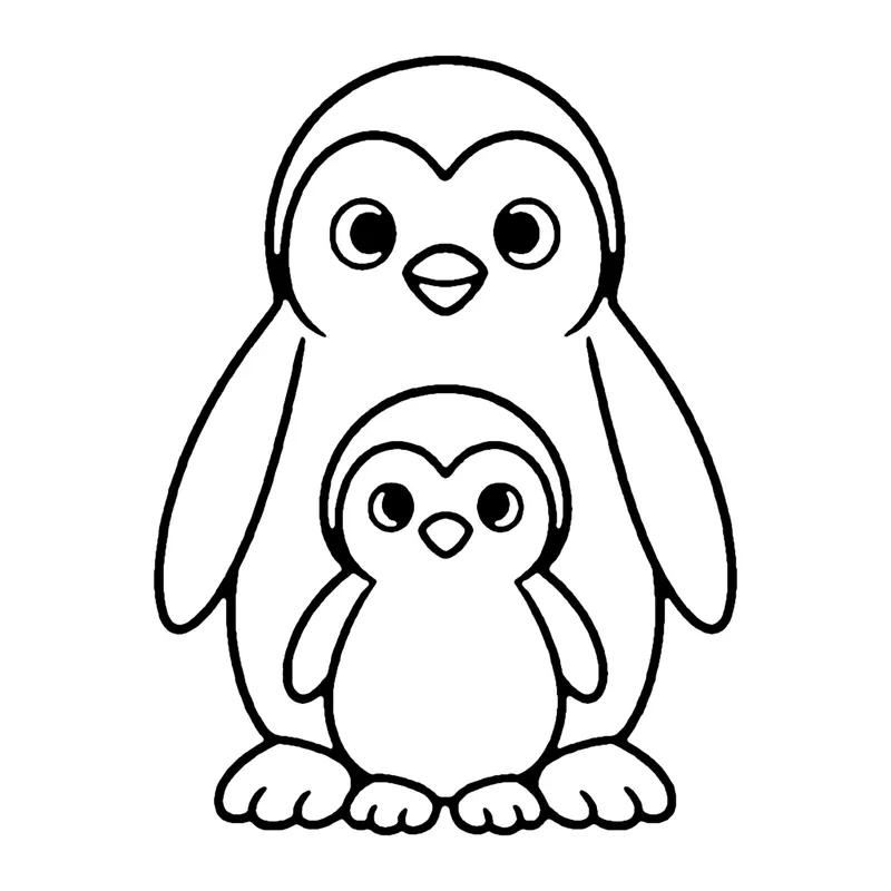 Line drawing of a parent penguin standing behind a fluffy penguin chick