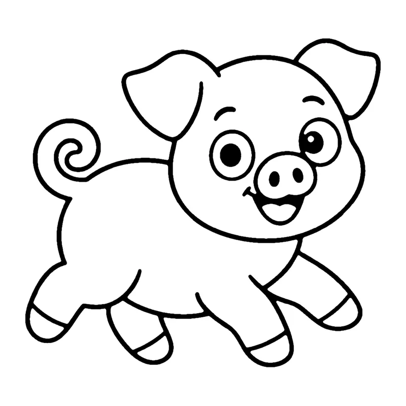 Line drawing of a happy piglet with a curly tail trotting along