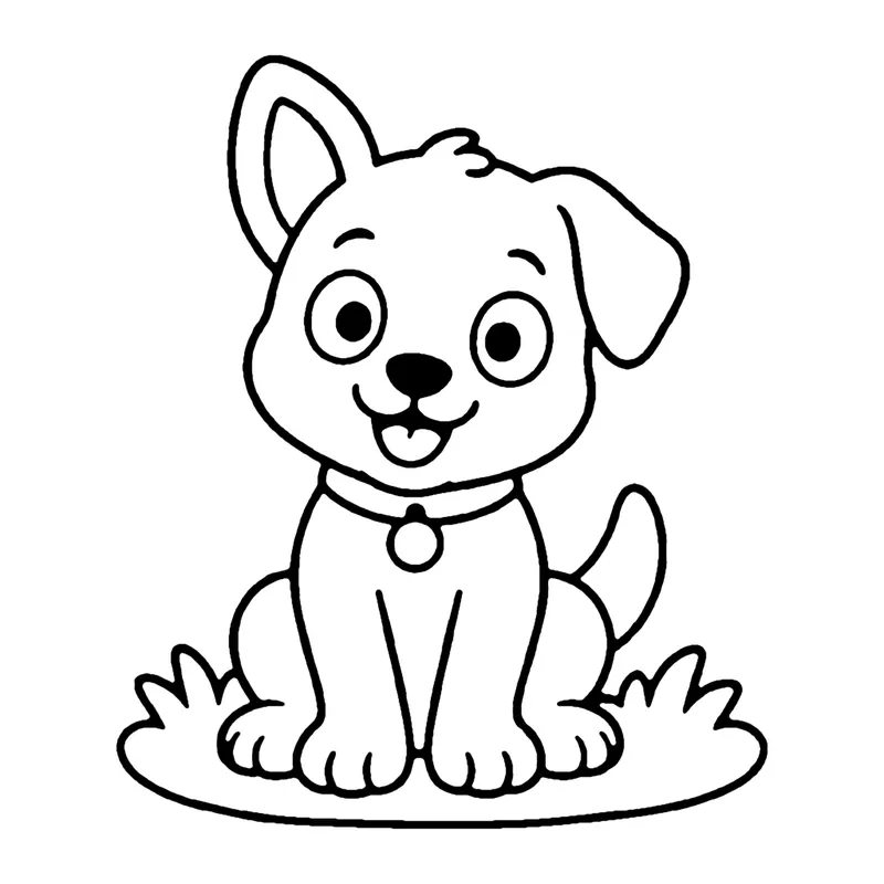Line drawing of a smiling puppy with floppy ears and a collar sitting on a patch of grass
