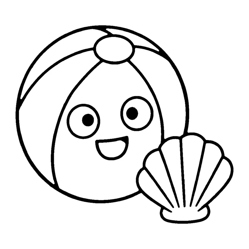 Line drawing of a smiling striped beach ball next to a scallop seashell