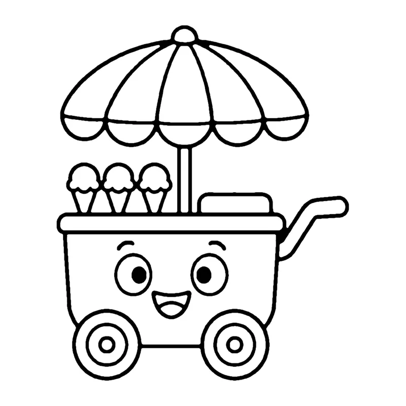 Line drawing of a smiling ice cream cart with a striped umbrella, cones on top and two wheels
