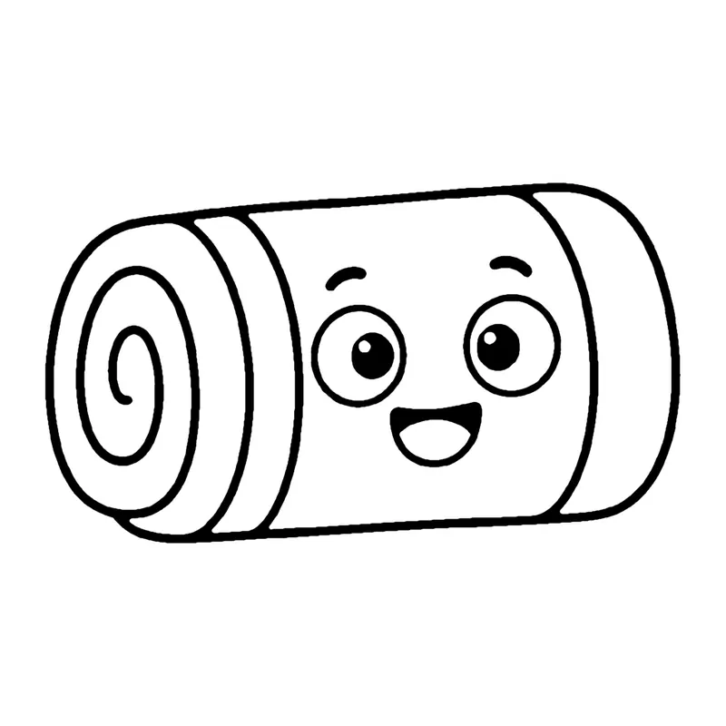 Line drawing of a smiling rolled-up beach towel showing a spiral at one end