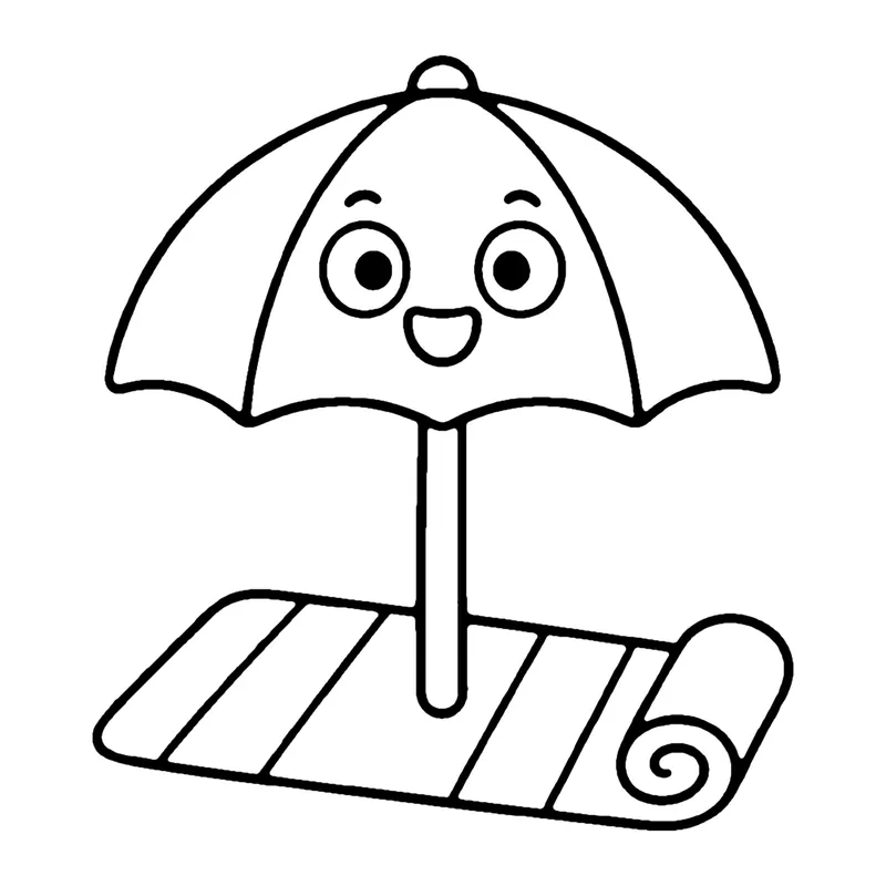 Line drawing of a smiling beach umbrella standing over a striped beach towel