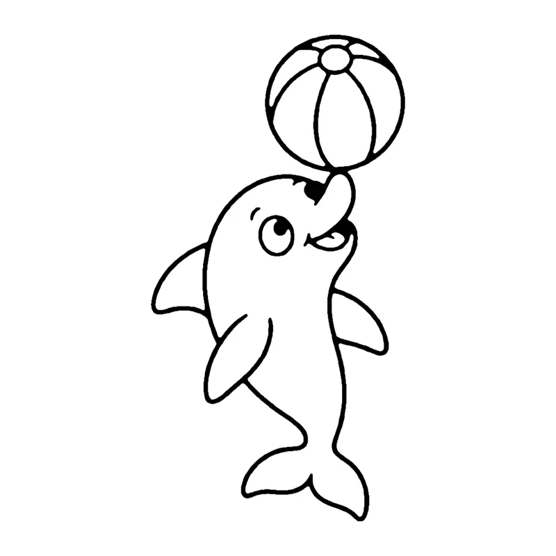 Line drawing of a dolphin leaping up and balancing a striped beach ball on its nose