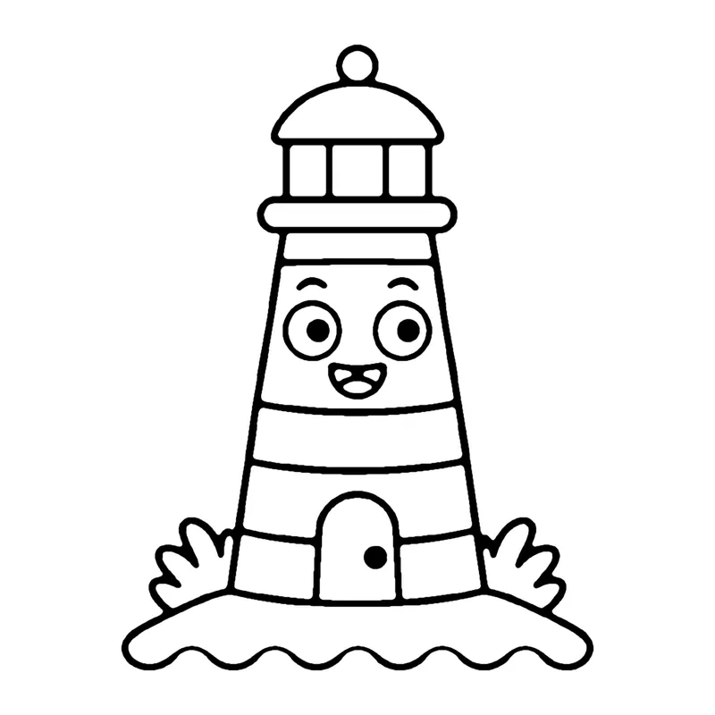 Line drawing of a smiling striped lighthouse with a lantern room on top, standing by the water
