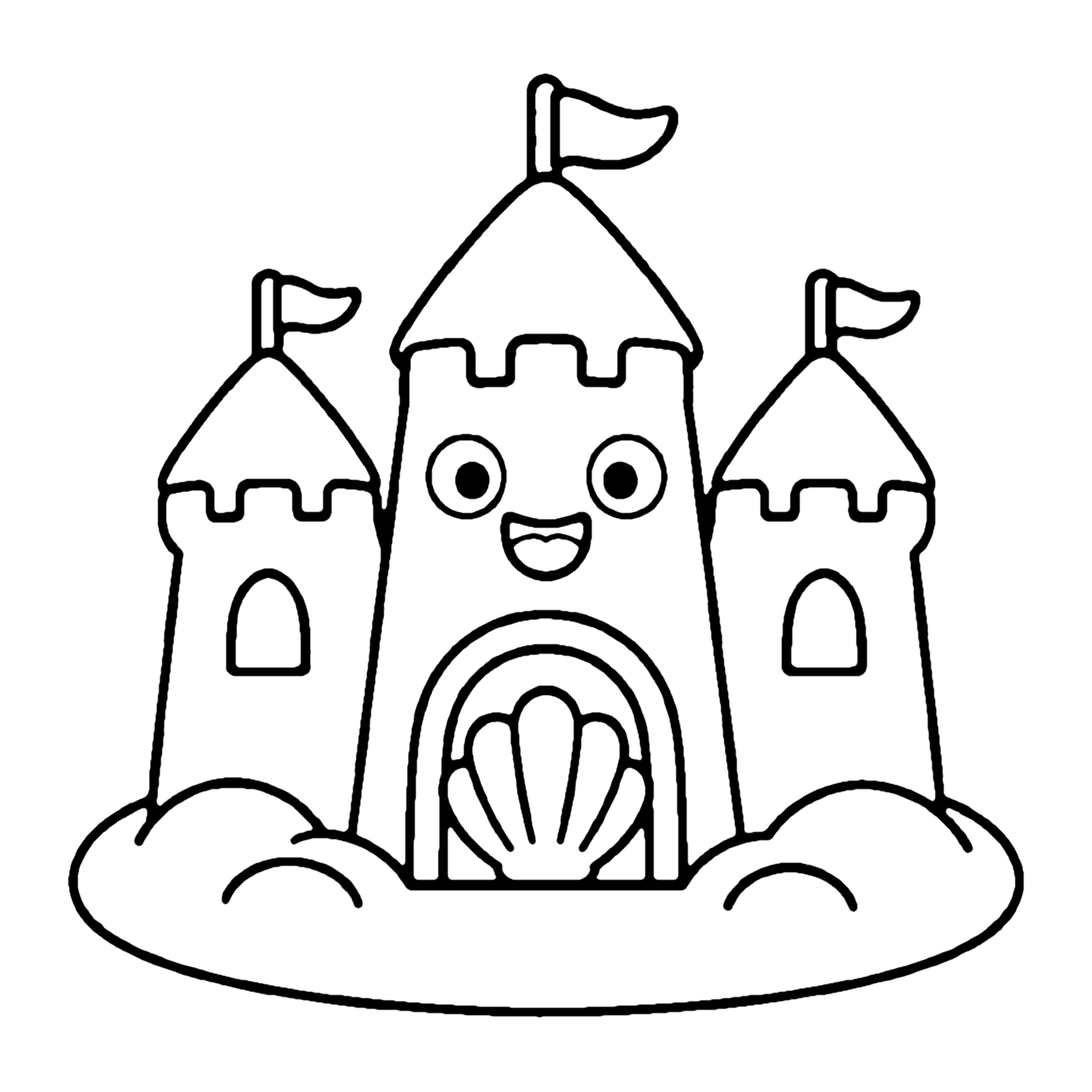 Line drawing of a smiling sandcastle with three towers, flags and a shell over the door