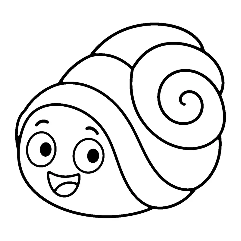 Line drawing of a smiling spiral seashell with a curled tip