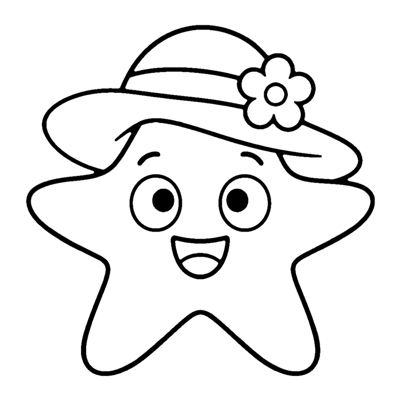 Line drawing of a smiling starfish wearing a sun hat with a flower on the band