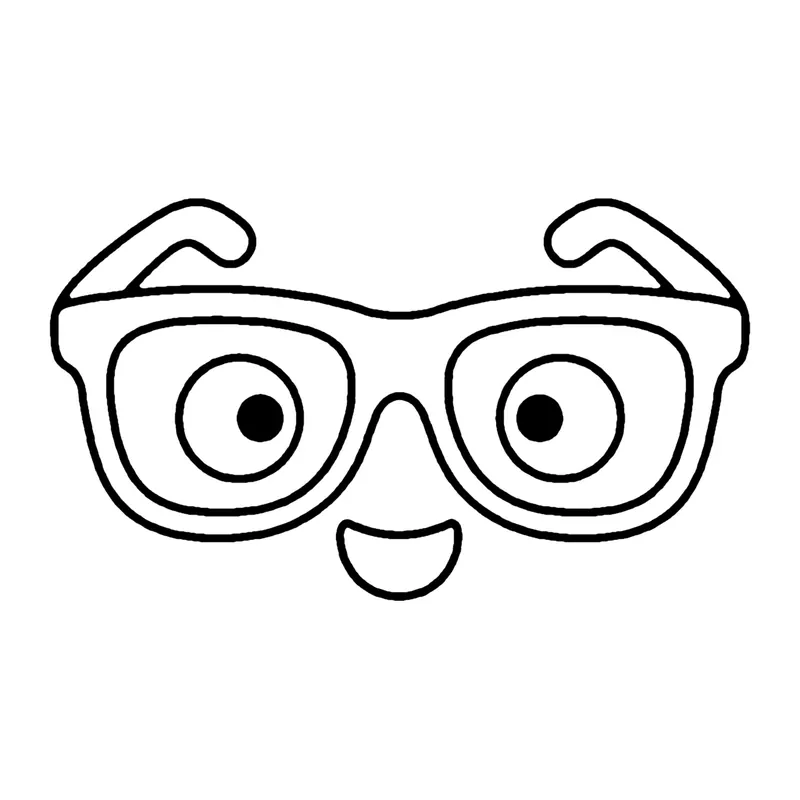 Line drawing of a pair of sunglasses with big eyes in the lenses and a smile underneath