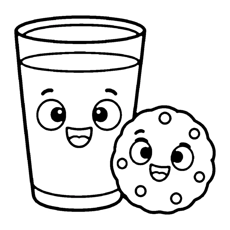 Line drawing of a smiling glass of milk next to a smiling chocolate chip cookie