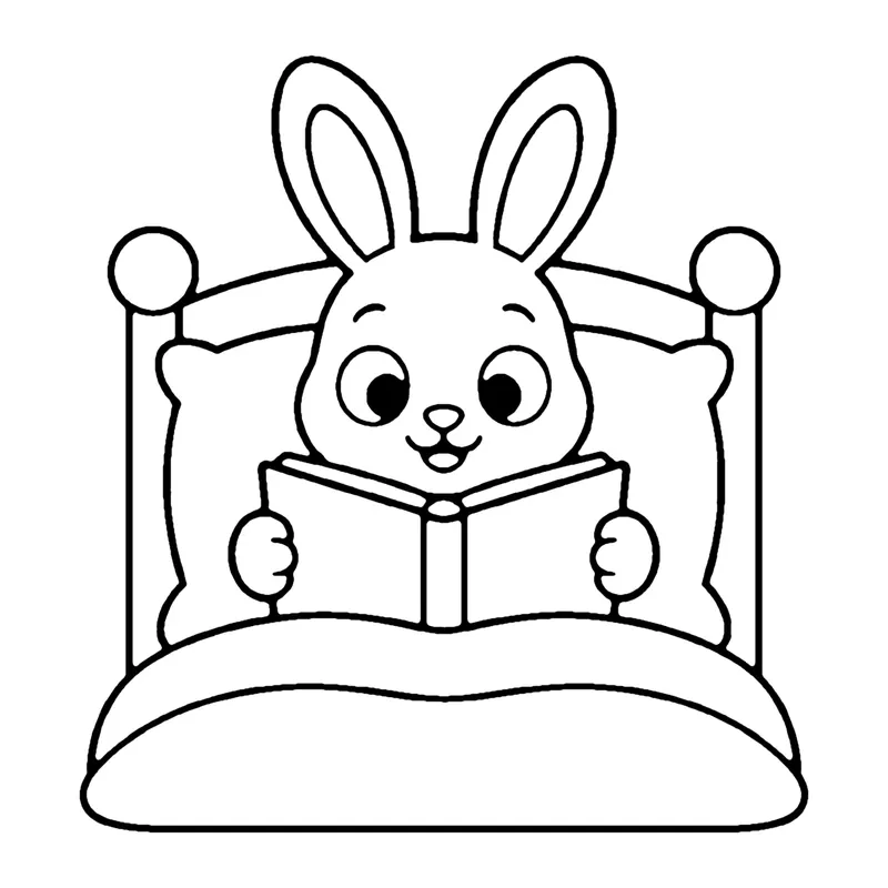 Line drawing of a bunny sitting up in bed reading an open book