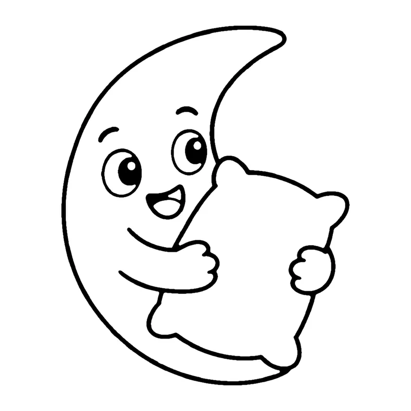 Line drawing of a smiling crescent moon hugging a fluffy pillow