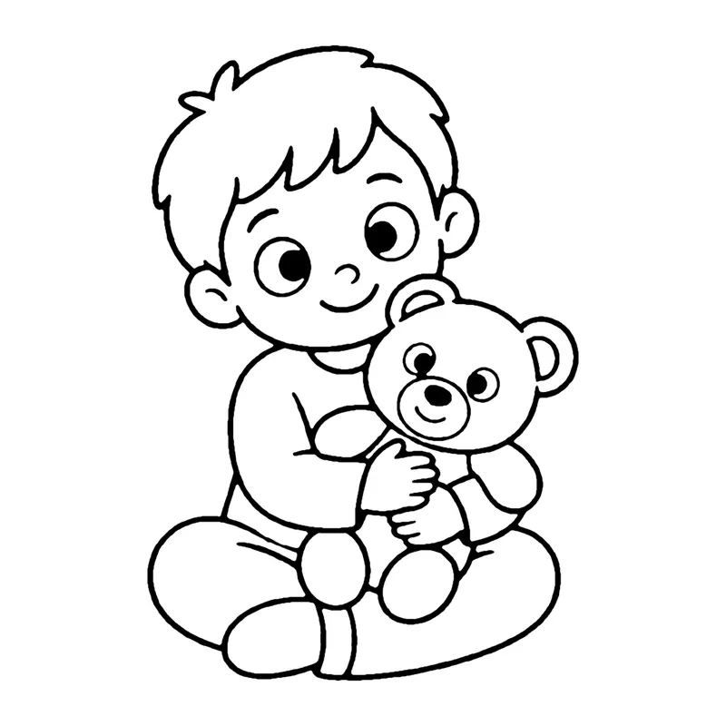 Line drawing of a smiling child in pajamas sitting cross-legged and hugging a teddy bear