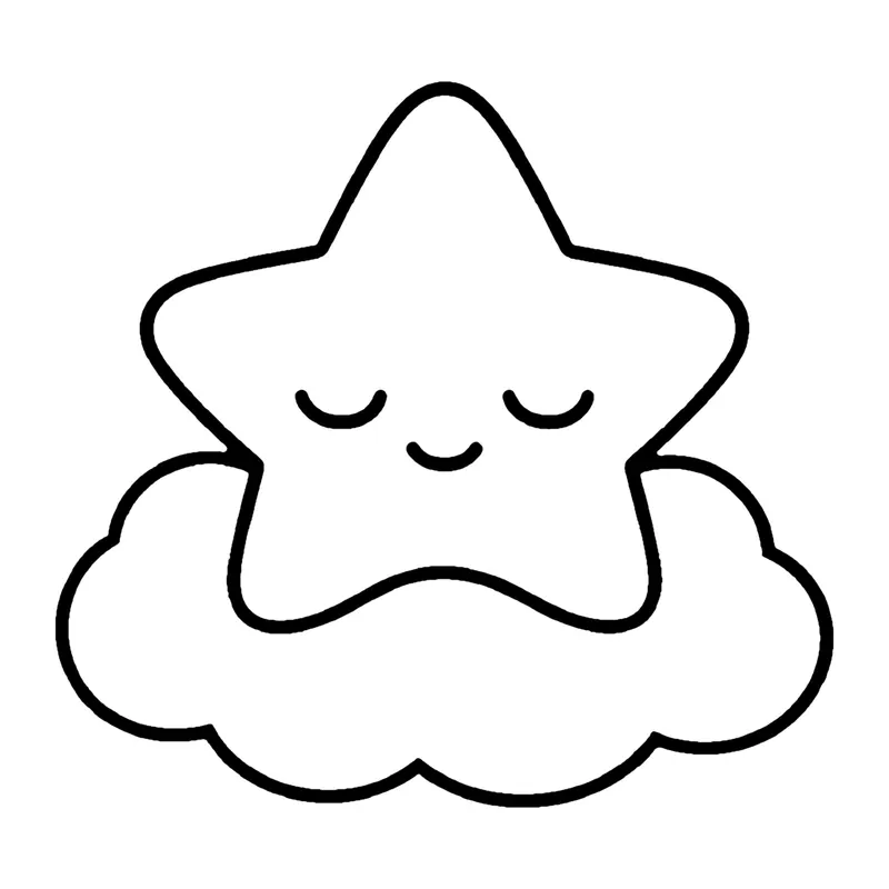 Line drawing of a star with closed eyes and a gentle smile resting on a fluffy cloud