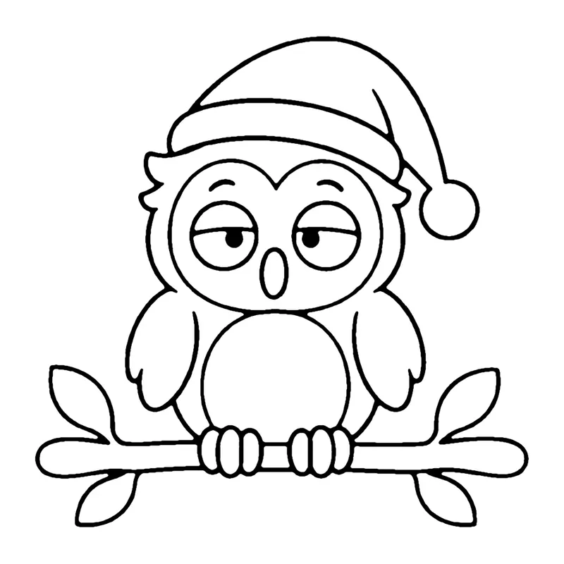 Line drawing of a sleepy owl in a nightcap perched on a leafy branch