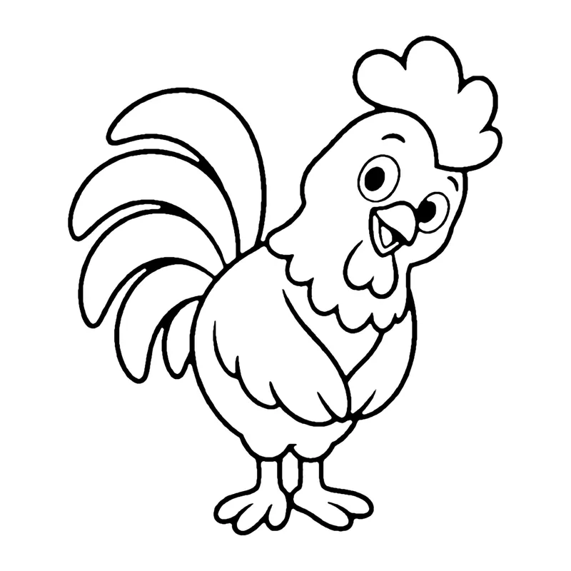 Line drawing of a rooster with a big comb and sweeping tail feathers, leaning forward